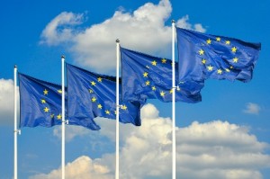 European Union flags over sky background
